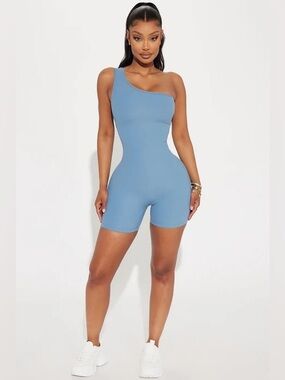 Fashion Nova Go Time Active Ribbed Romper - Slate Blue NWOT